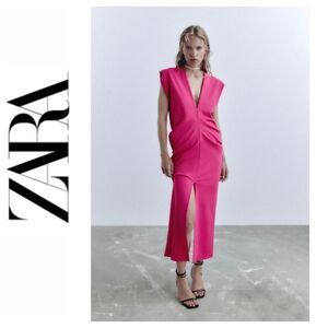 NWT Zara Fuchsia Long Sleeveless V-Neck with Splits Dress, Size Medium